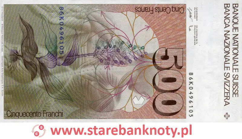 widok banknotu 500 franków szwajcarskich rewers